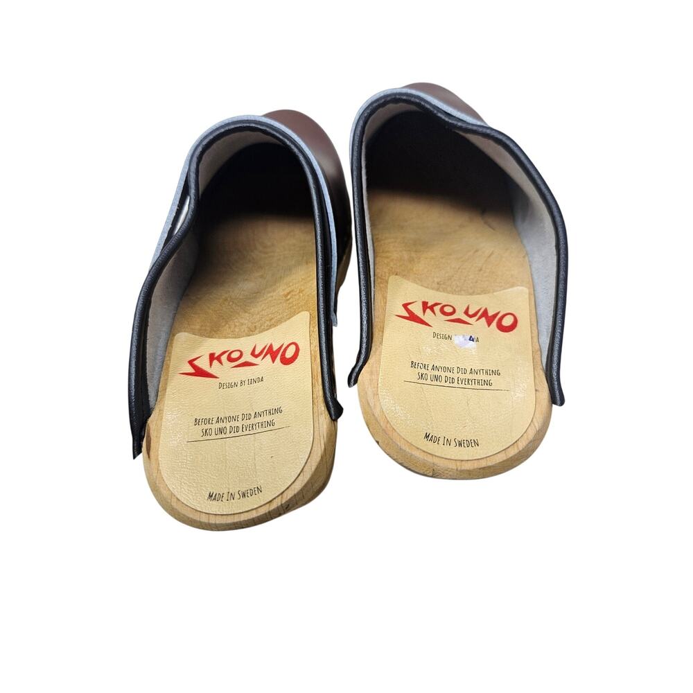 Vintage Skouno 38 Swedish Wooden Brown Leather Clog Boho Cottage Chunky Casual - Picture 4 of 4